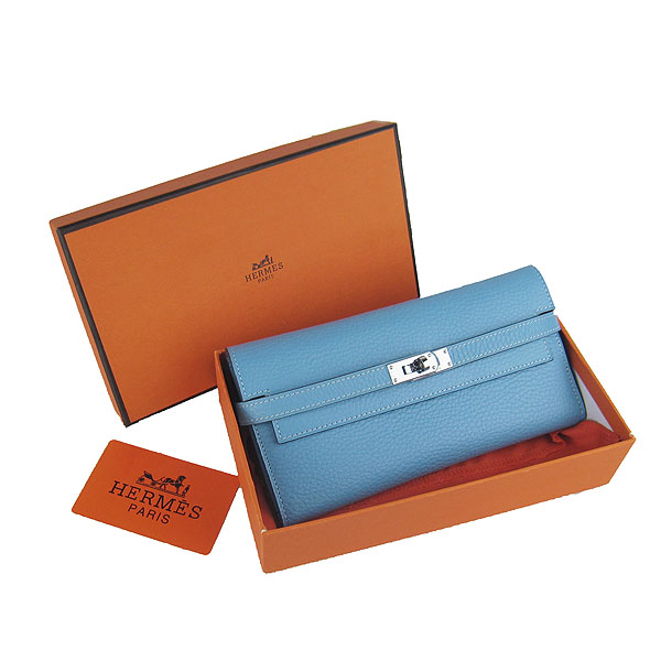 High Quality Hermes Kelly Long Clutch Bag Light Blue H009 Replica - Click Image to Close